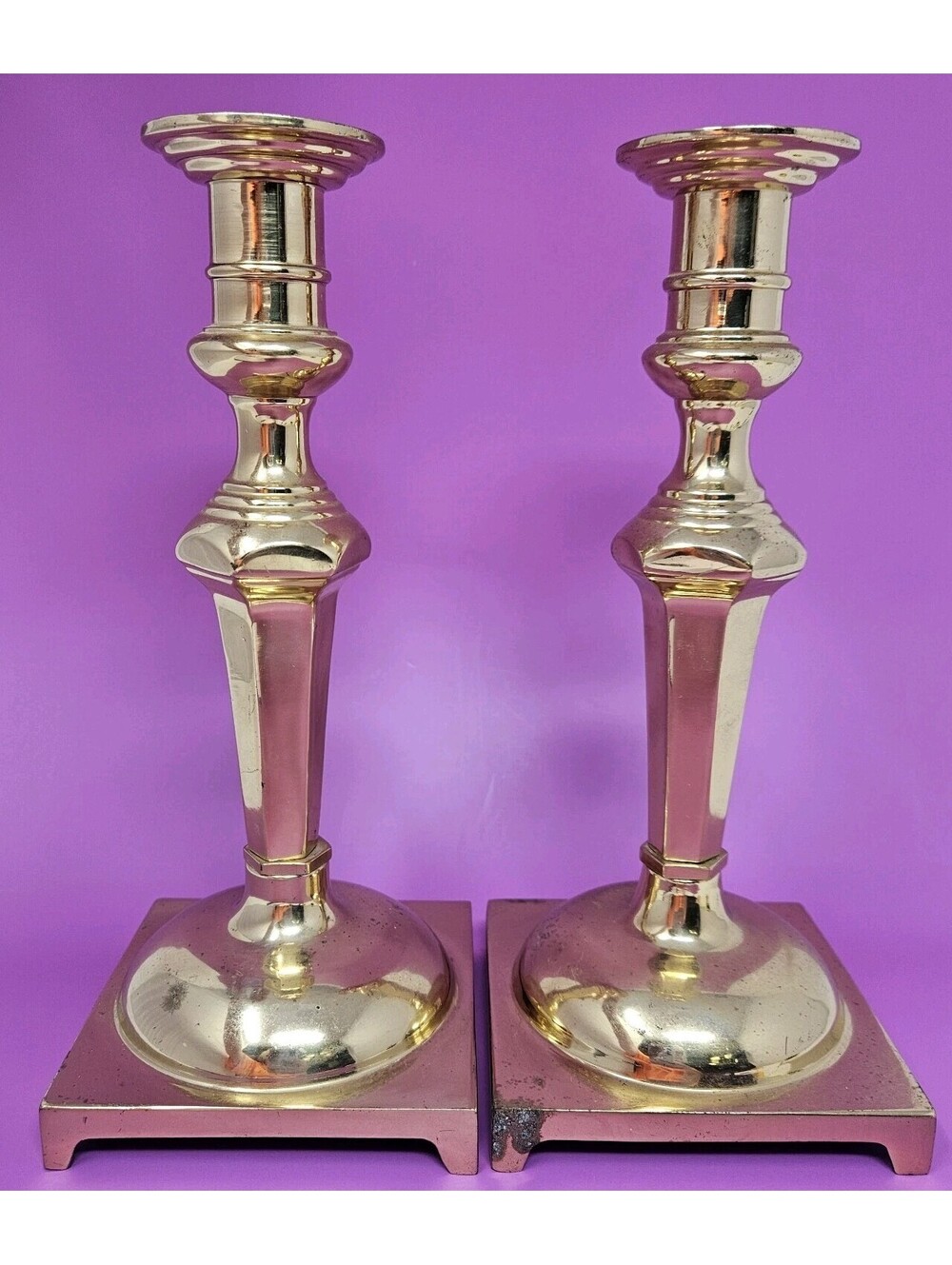 Vintage Pair of 2 Brass Candlesticks Square Footed Base 8.75" Tall Matching Set